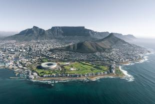 Aerial view of Cape Town, with sea and mountains